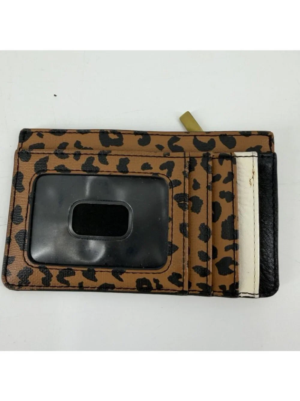 Fossil Leather Leopard Animal Print Zip Card Case Wallet Keychain